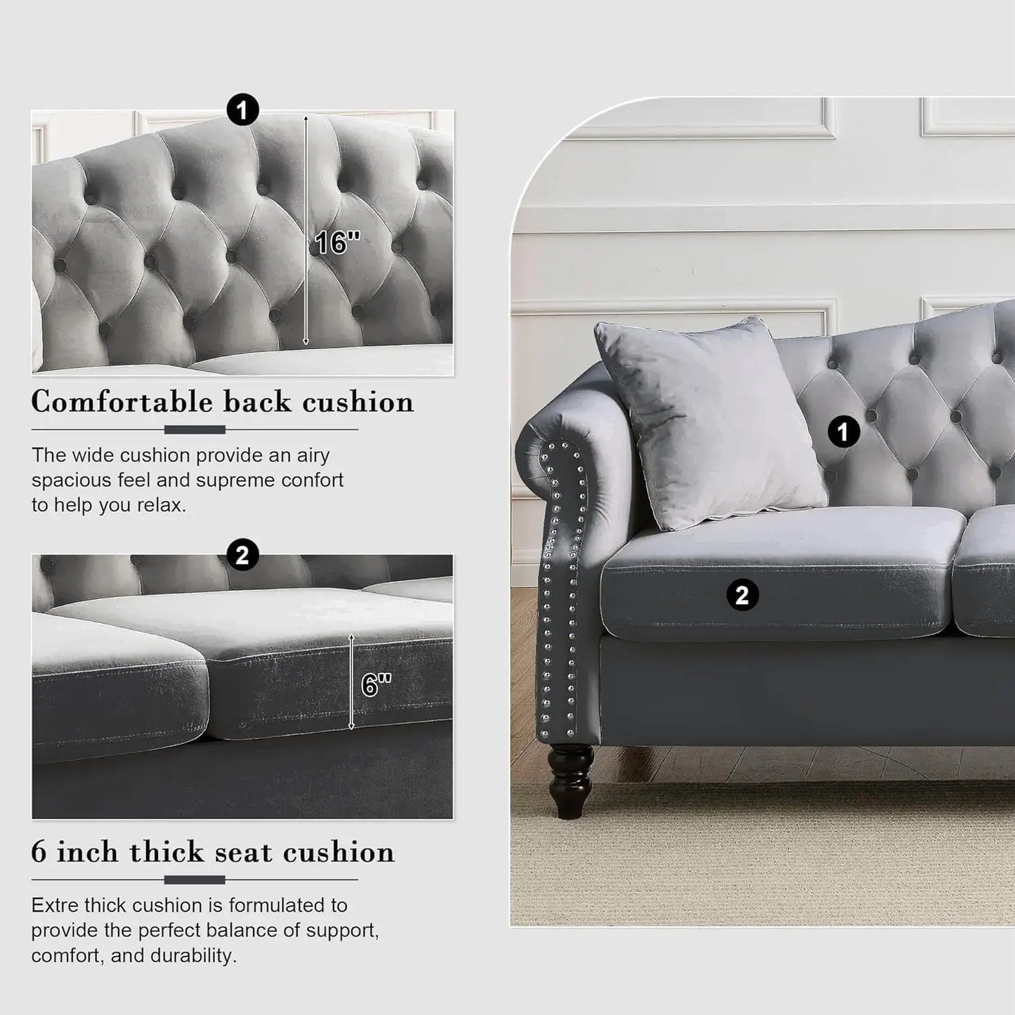 Chesterfield Velvet Sofa Set 3-Seater and Loveseat with Pillows