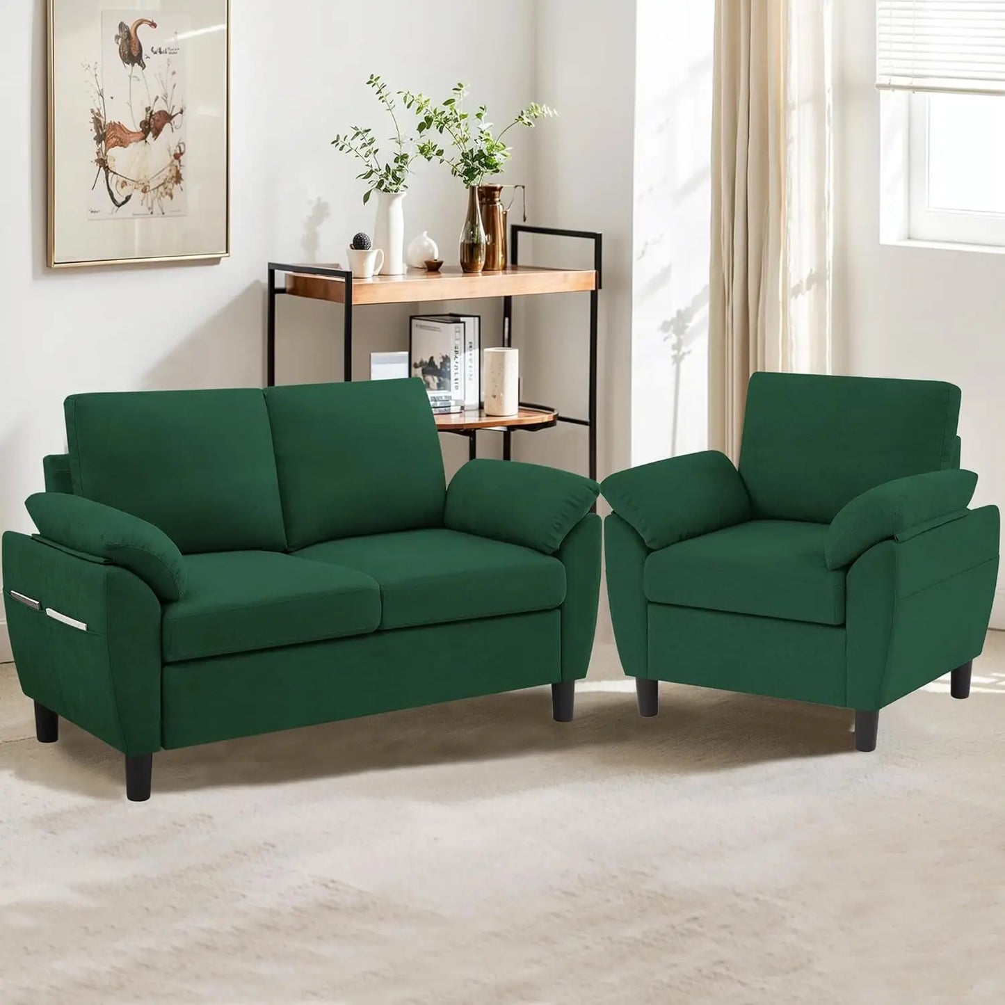 2pc Linen Sectional Loveseat & Chair Set, Upholstered Beige, Customized