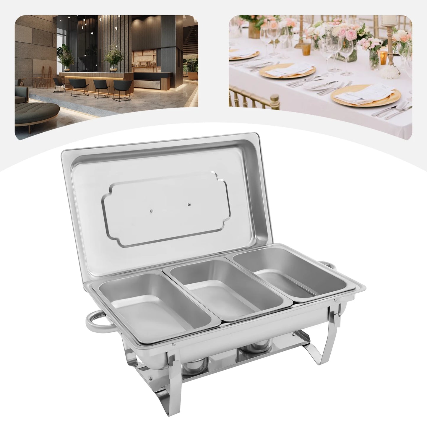 3-Compartment Stainless Steel Chafing Dish, Dishwasher Safe & Food Warmer