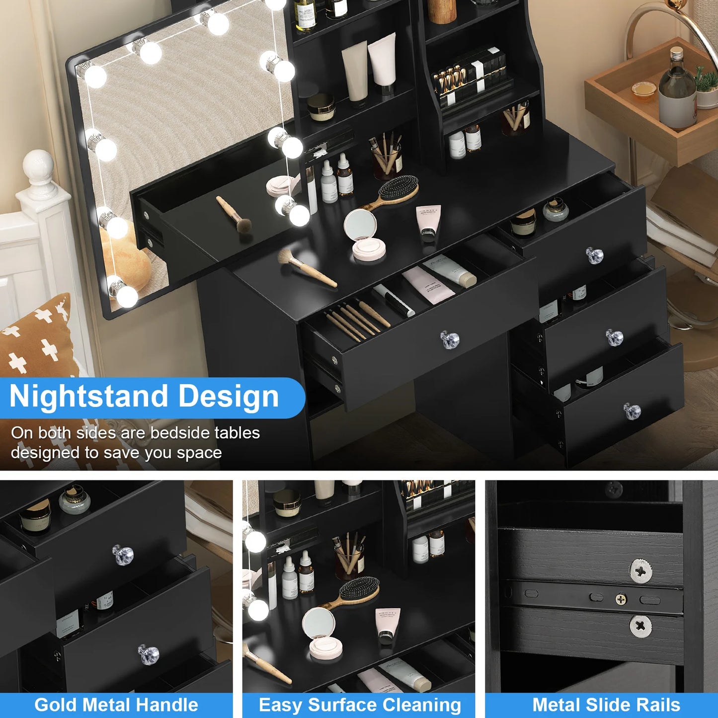 LED Vanity Set, 3 Light Modes Mirror, 4 Drawers & Stool
