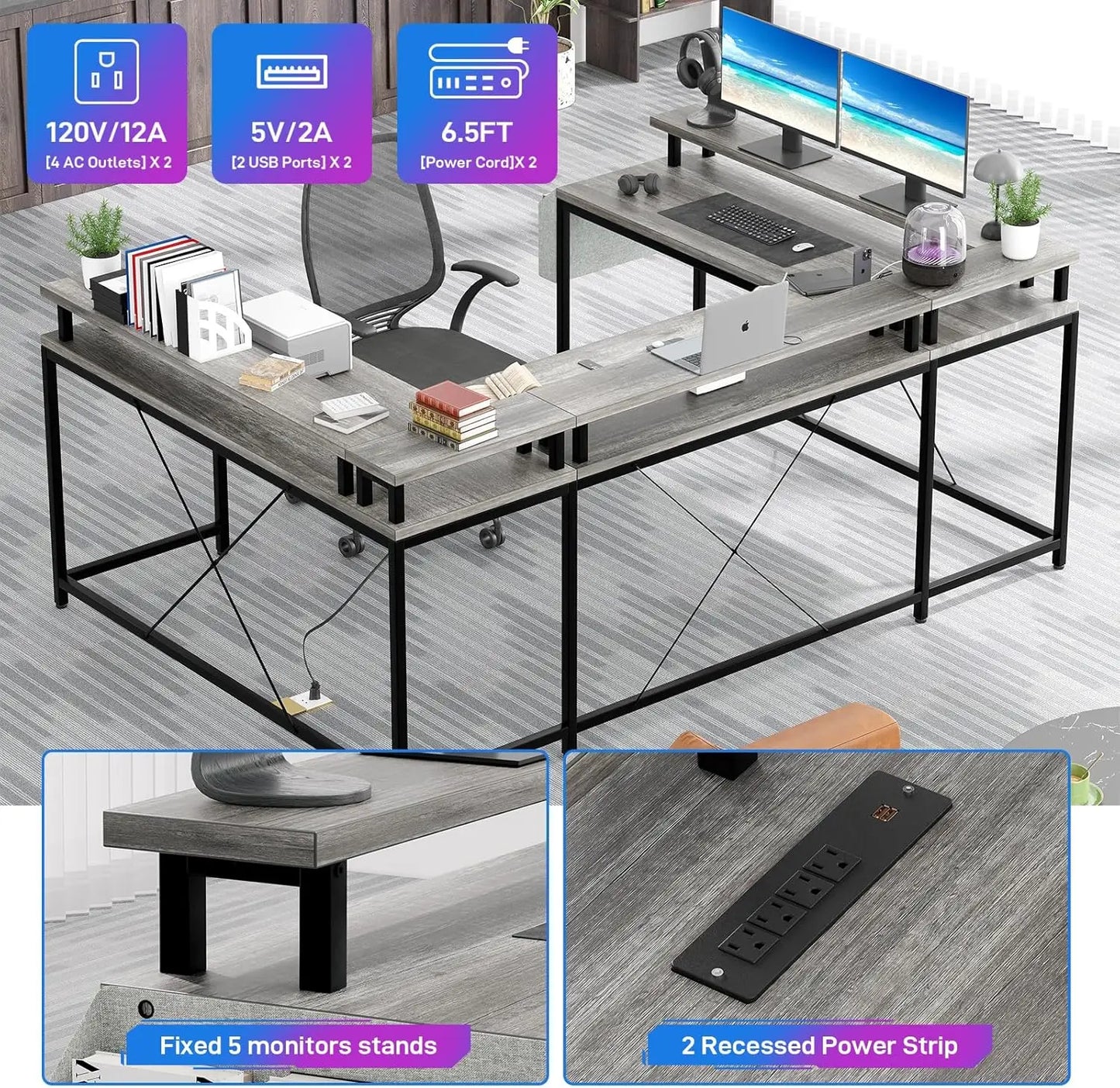 U Shaped Gaming Desk with 2 Power Outlet Adjustable LED Light