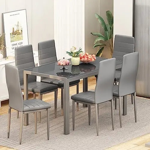 7-Piece Dining Set for 6, Glass Table & Leather Chairs
