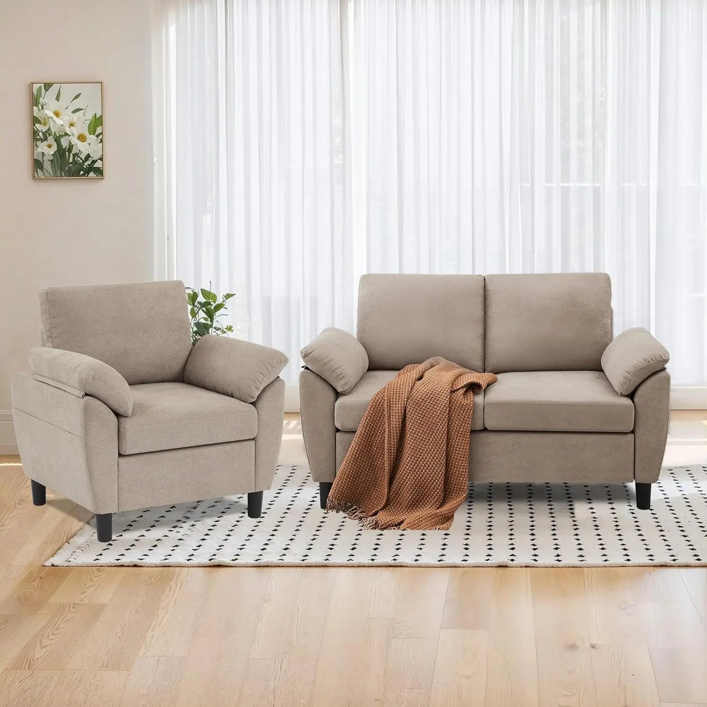 2pc Linen Sectional Loveseat & Chair Set, Upholstered Beige, Customized