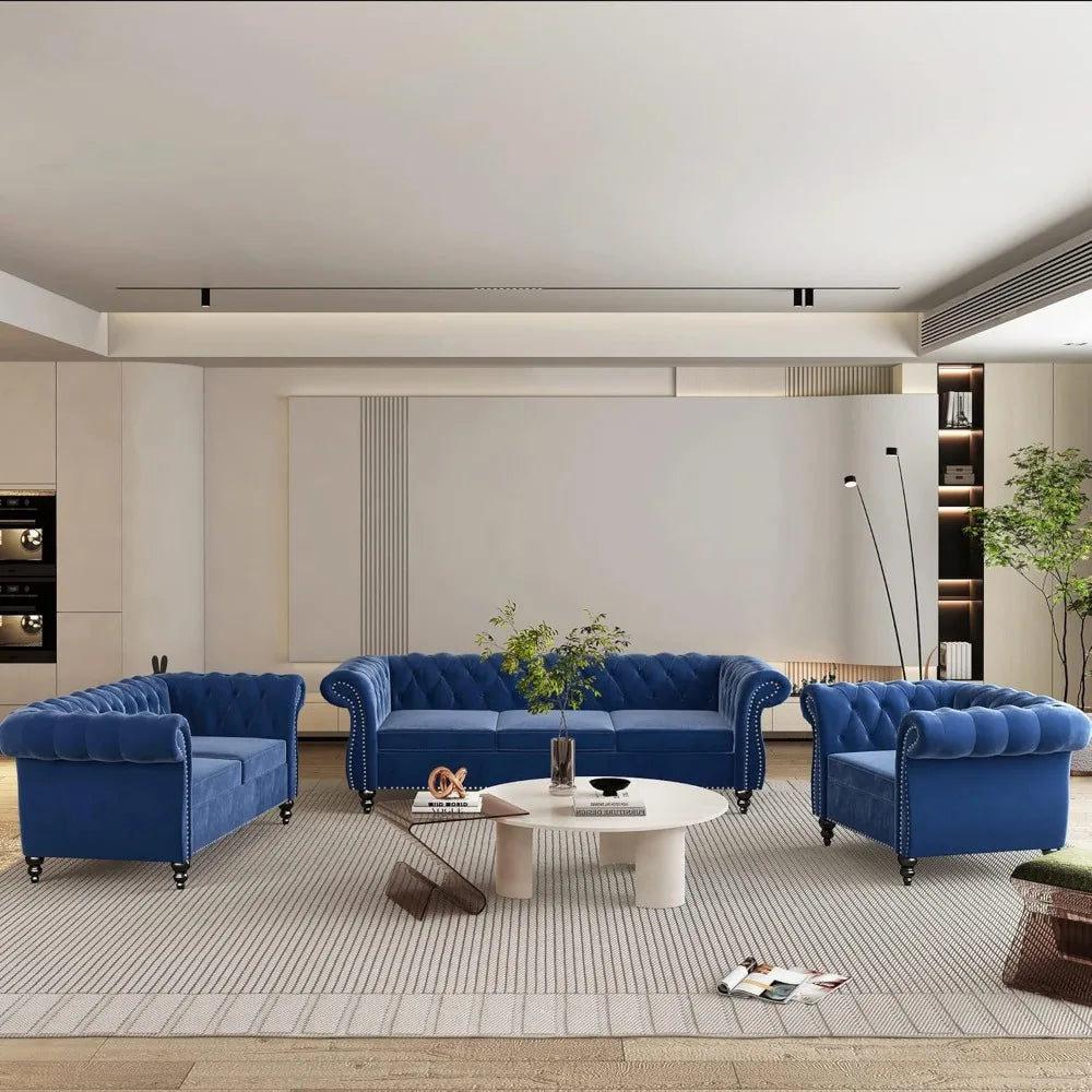 3 Piece Living Room Set- Velvet Chesterfield Sofa Loveseat  Chair