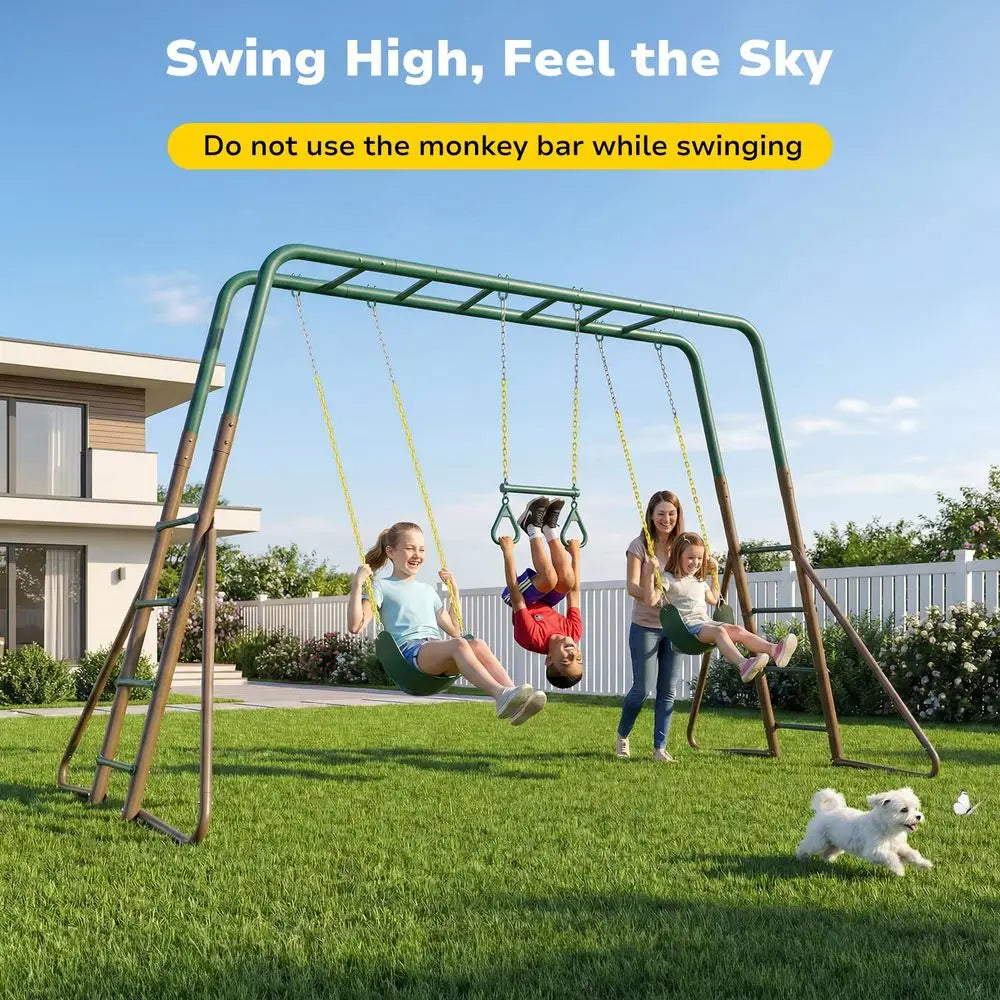 Swing Sets with Monkey Bars, Trapeze Bar, and 2 Belt Swings