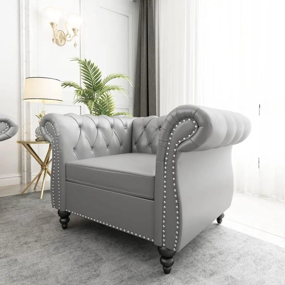 2-Piece Set: Chesterfield Leather Sofa with Scroll Arms and Nailhead Trim