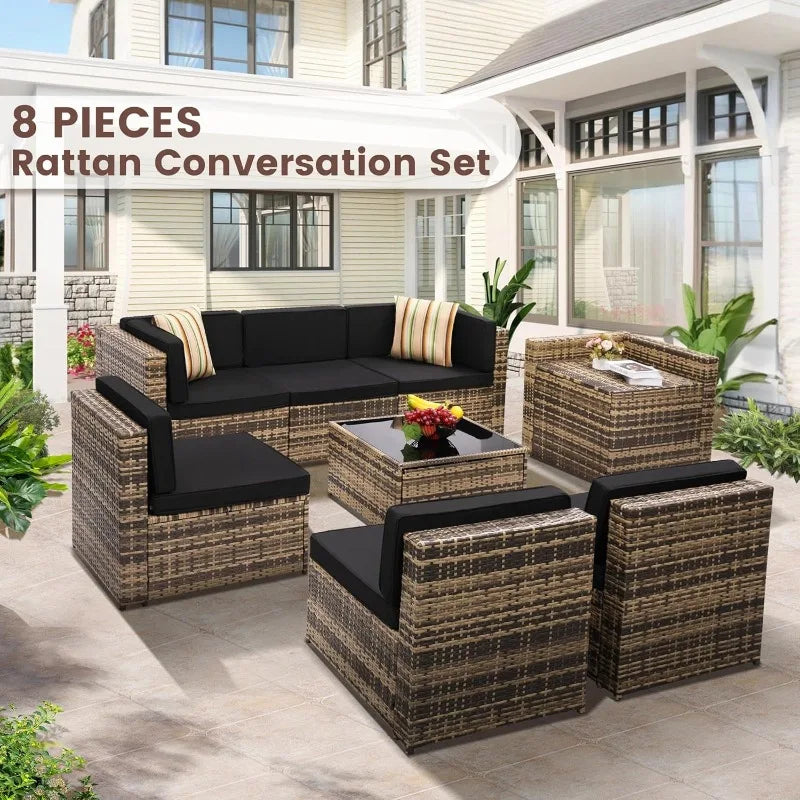 Outdoor Wicker Patio Furniture Set, Glass Table With Hidden Storage