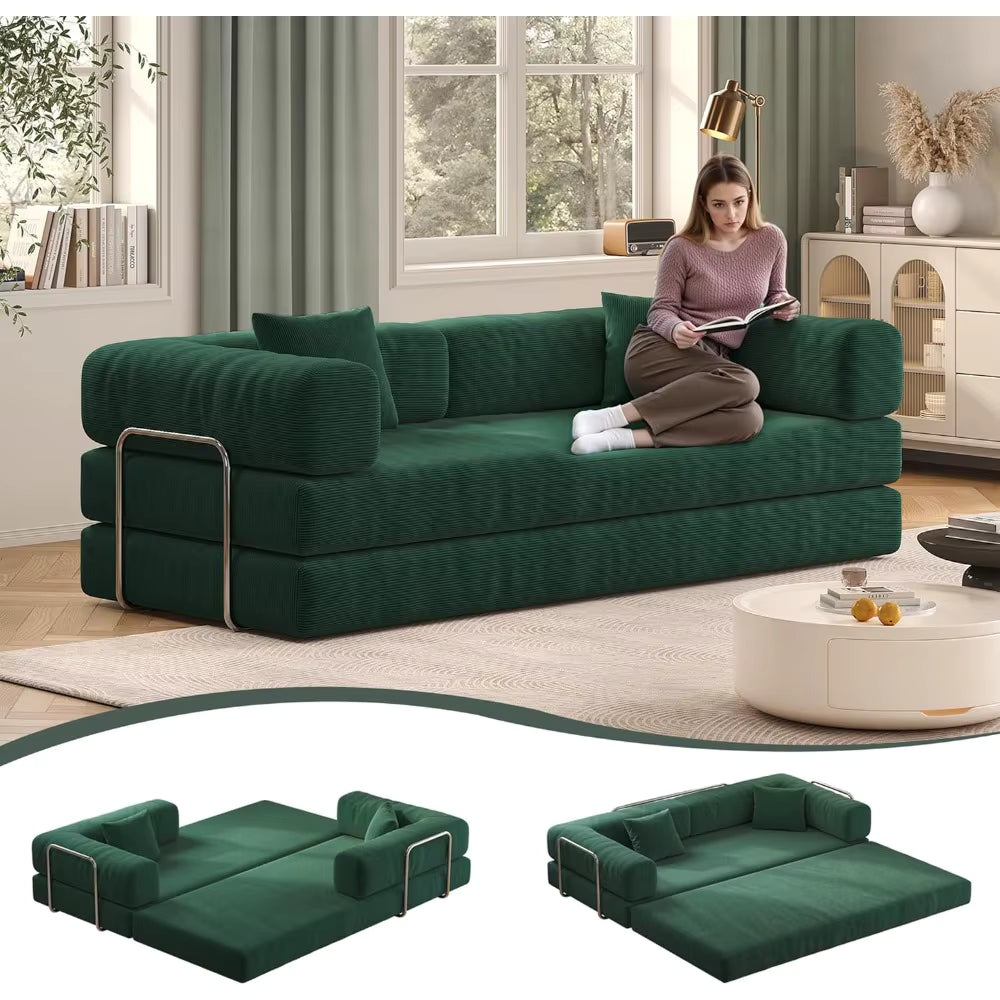 Convertible Sofa Bed with Pillows, Corduroy with Fixed-Shape Frame