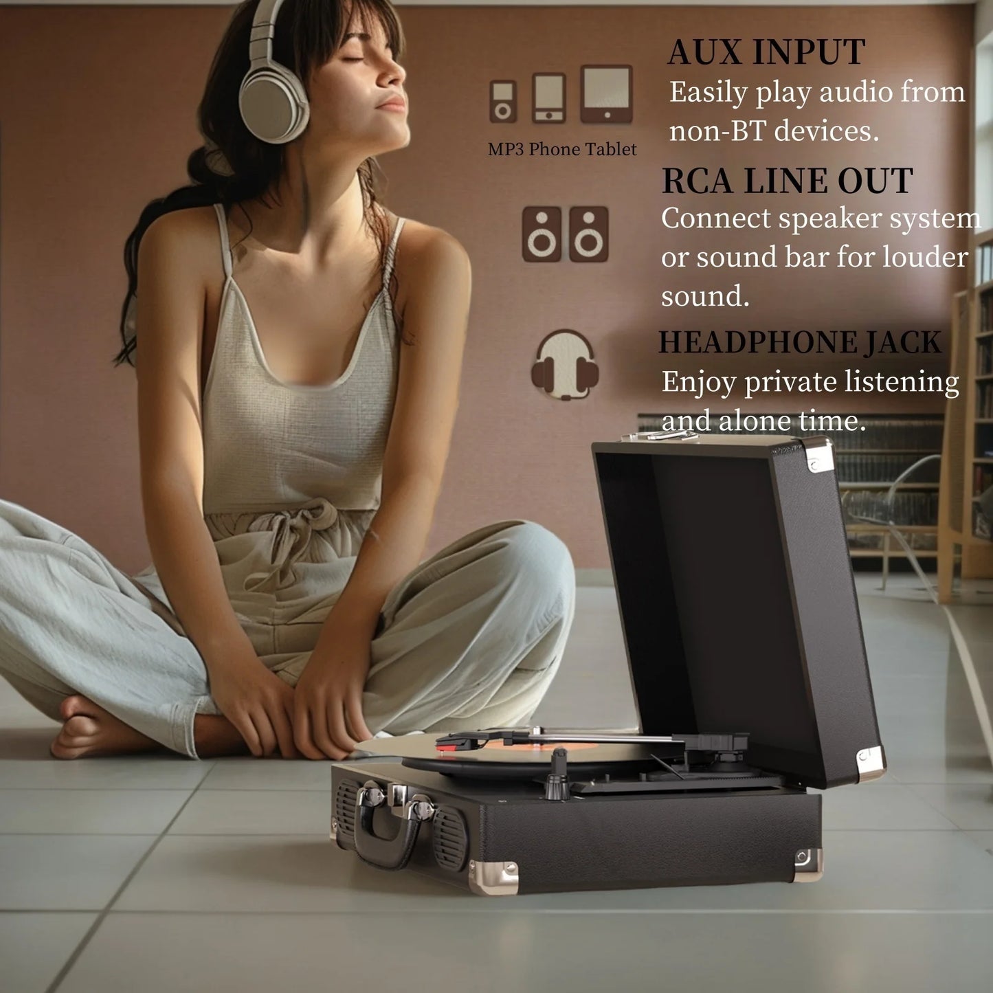 Vintage gramophone device with turntable, high-fidelity stereo, built-in speaker, 3-speed